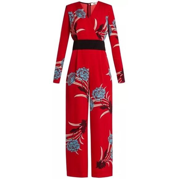 Diane Von Furstenberg Red Floral Print Crossover Farren Jumpsuit Size Medium - Picture 4 of 9